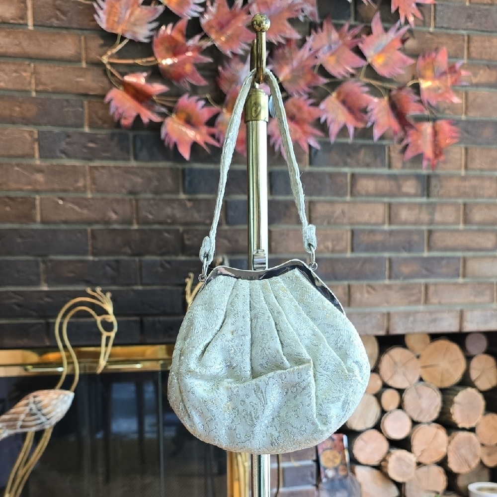 Vintage Cream Floral Brocade Handbag With MM Branded Mirror​​
